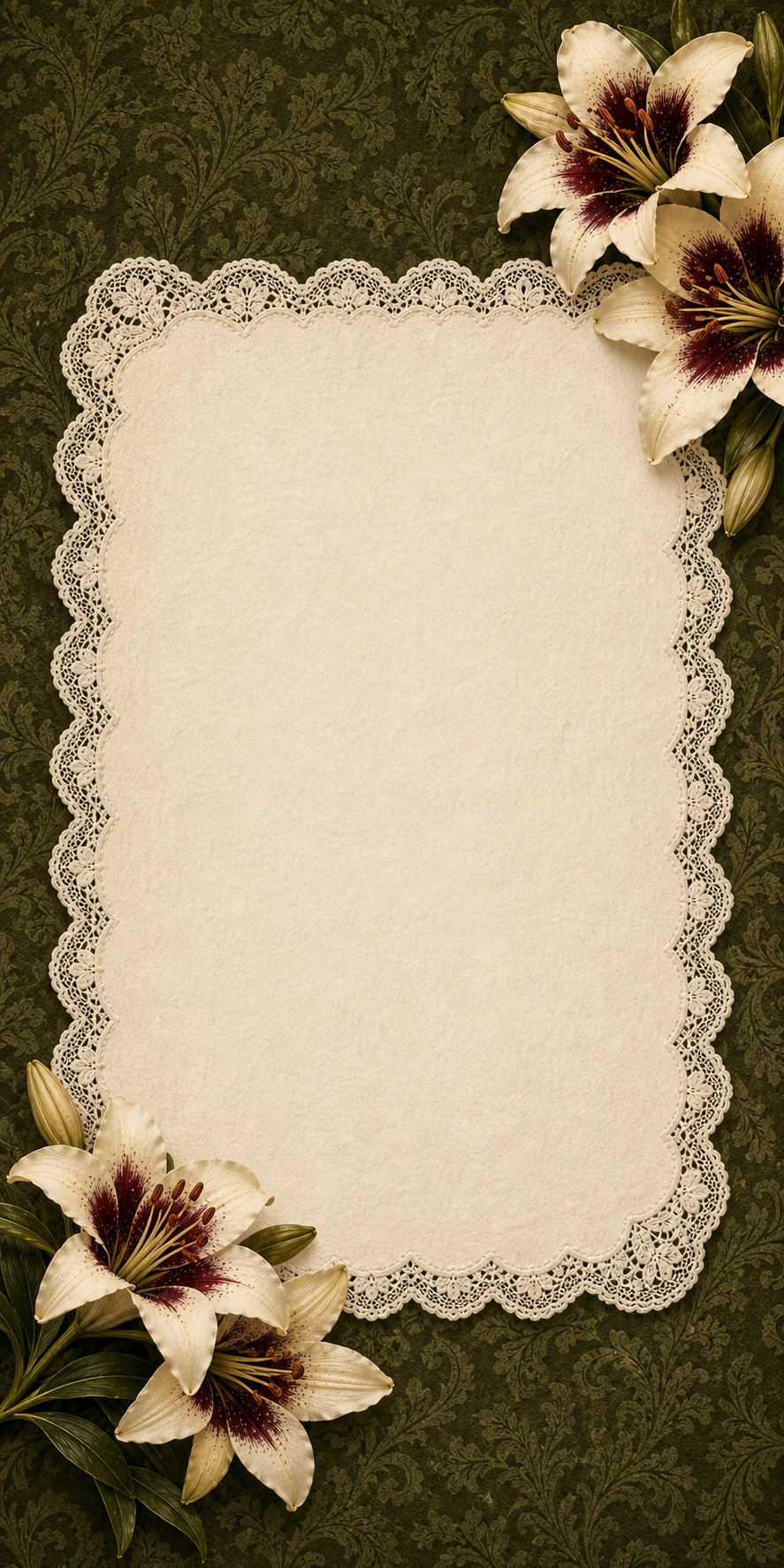 An ornate lace engagement invitation with lilies