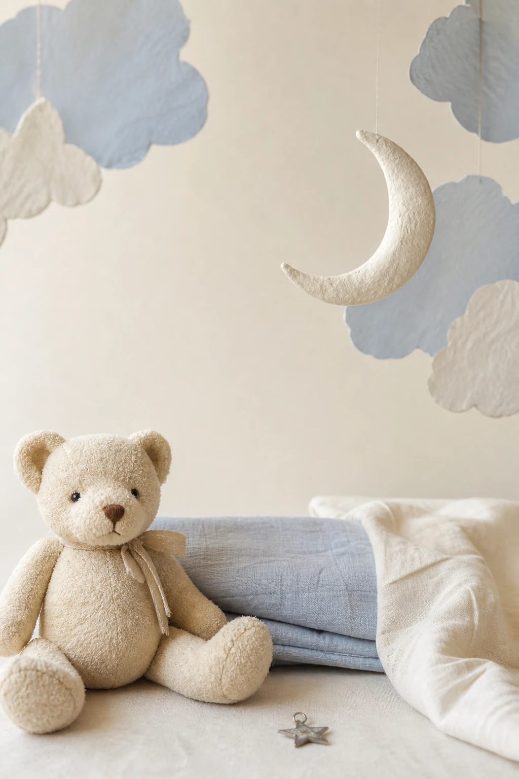 A soft nursery scene with a teddy bear and paper moon