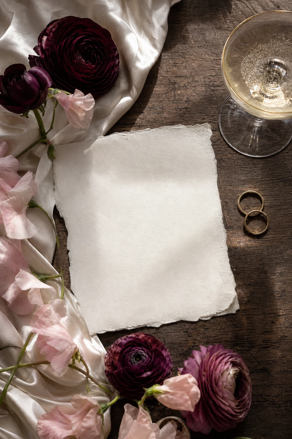 Burgundy flowers and a handwritten engagement card